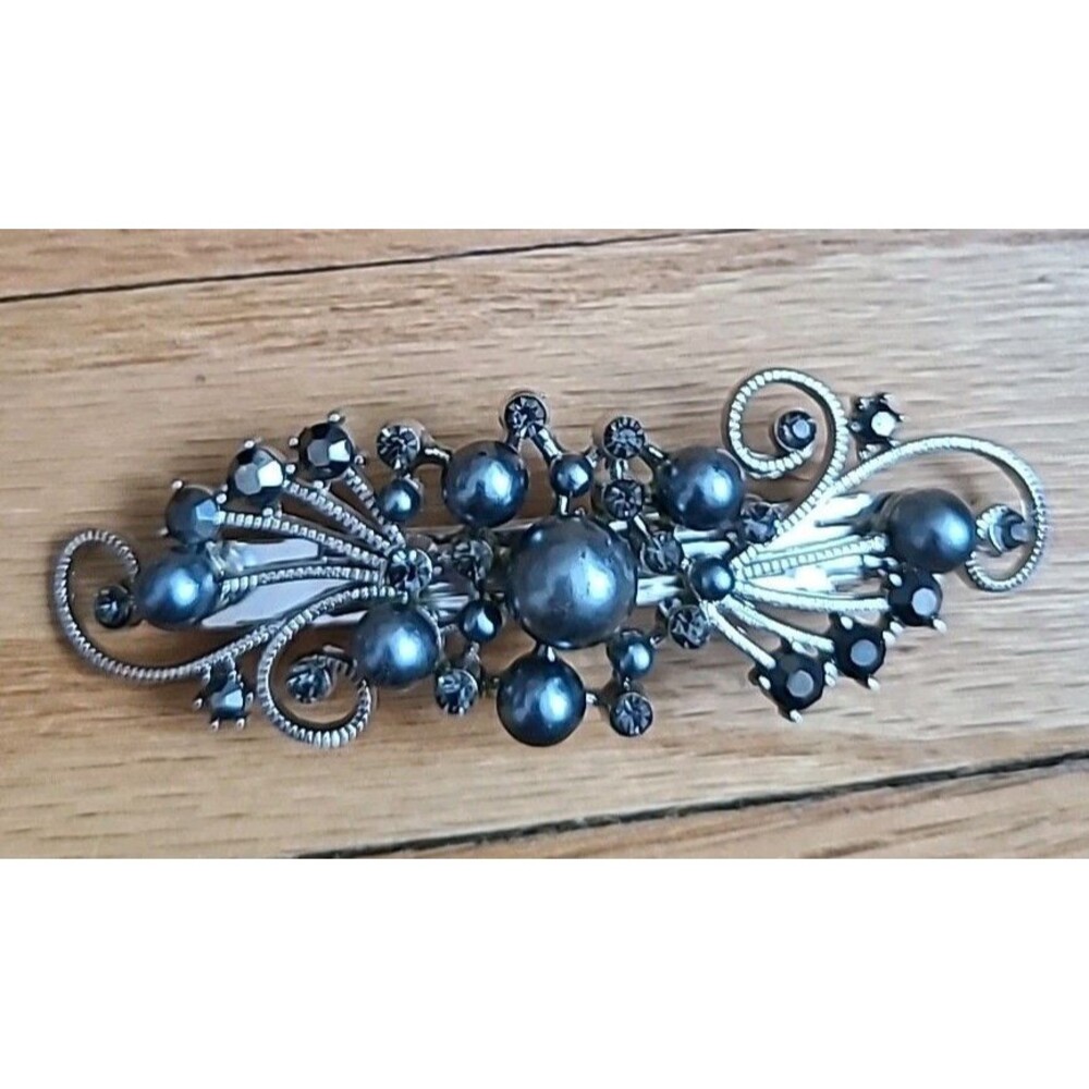 VINTAGE* Gray FAUX PEARL & Gray RHINESTONE* BARRETTE* UP DO*HAIR ACCESSORY*